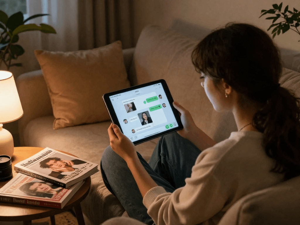 Person exploring porn ai chat in cozy room with tablet, intimate setting