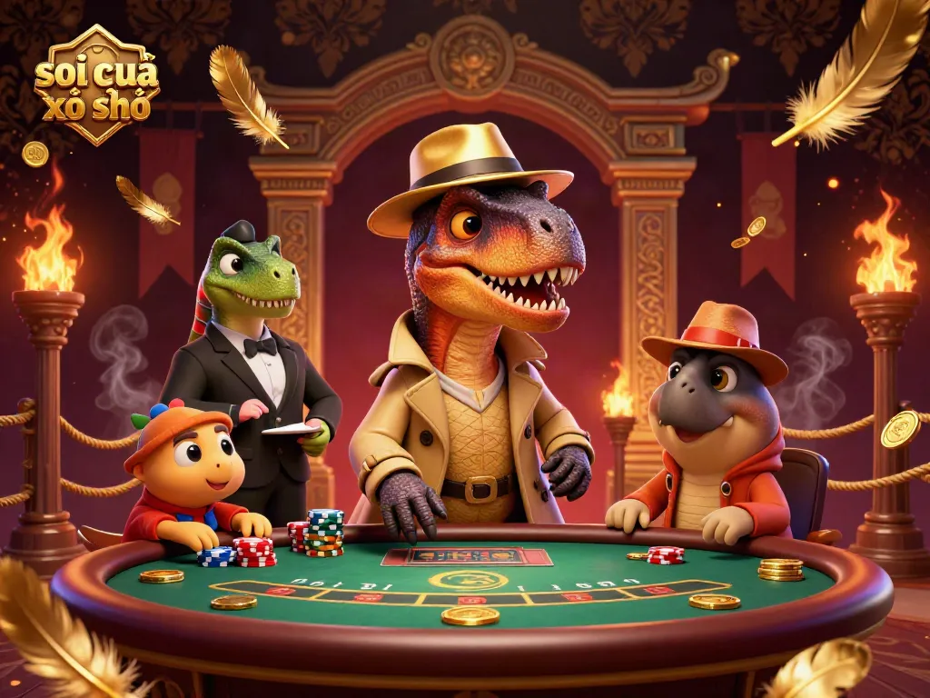 The velociraptor card counter at a blackjack table captures soi cầu xổ số excitement, surrounded by vibrant gambling elements.