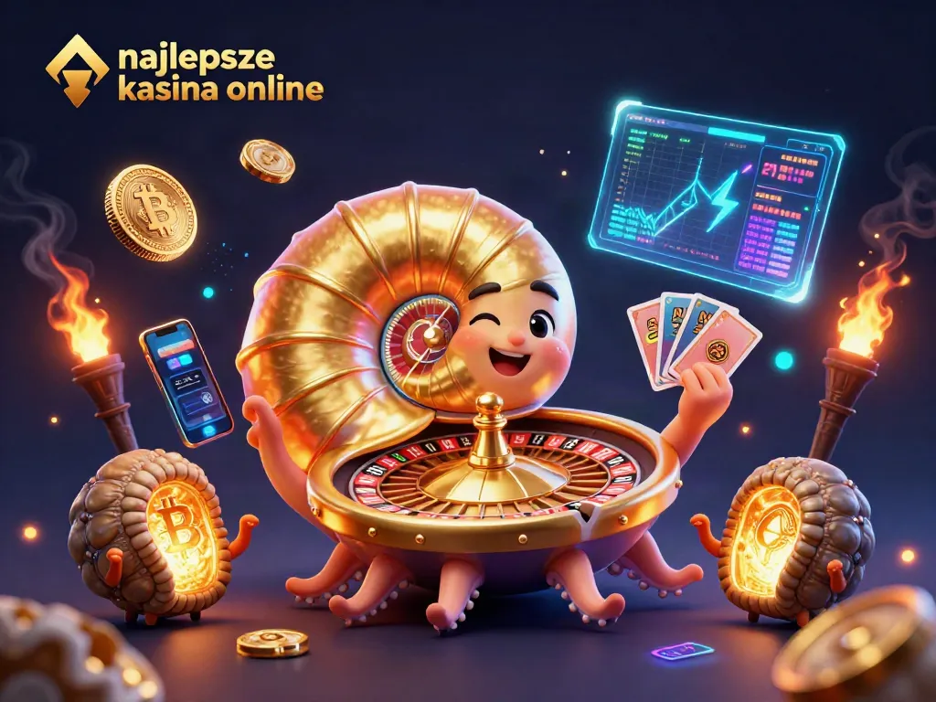 Explore najlepsze kasyna online with vibrant digital casino elements, featuring a giant nautilus and crypto coins.