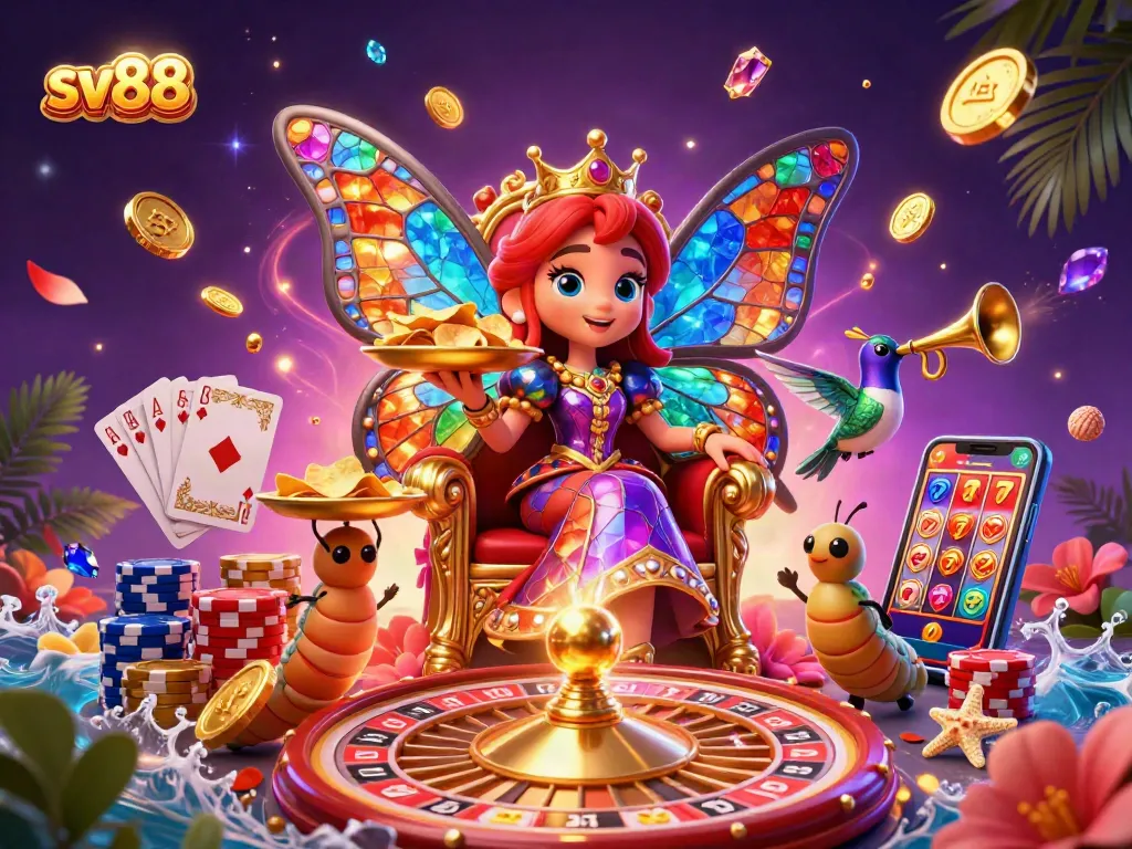 Experience a vibrant sv88 gaming scene with a butterfly queen and dynamic casino elements.