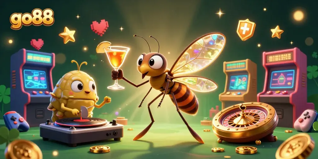 Engage with go88's exhilarating games, illustrated with a vibrant casino mascot and dynamic gaming elements.