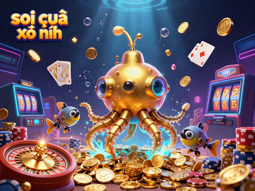 Engage with soi cầu xổ số through a vibrant scene of a golden kraken submarine amidst flying coins and dynamic casino elements.