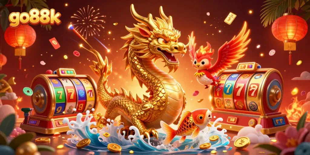 Experience thrilling games at go88k, featuring a golden dragon, phoenix, and koi fish amidst exciting casino elements.