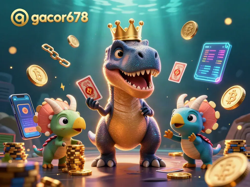 Gacor678 reveals a lively casino scene with a T-Rex shuffling cards and a triceratops stacking chips.