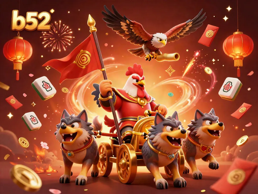 Engage in thrilling casino excitement with b52 featuring a rooster warlord, gold coins, and vibrant fireworks.