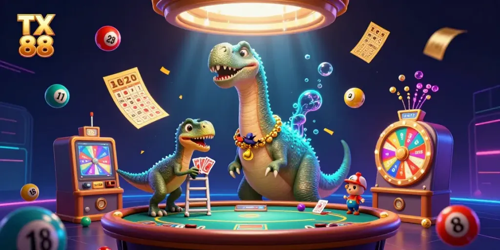 Experience TX 88 gambling excitement with a towering brontosaurus and vibrant casino elements.
