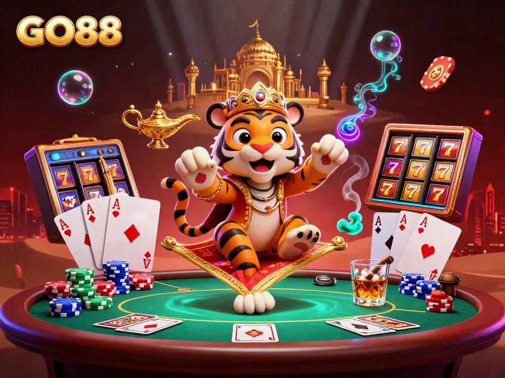 Experience the thrill of GO88 gaming with a vibrant 3D casino scene featuring dynamic characters and elements.