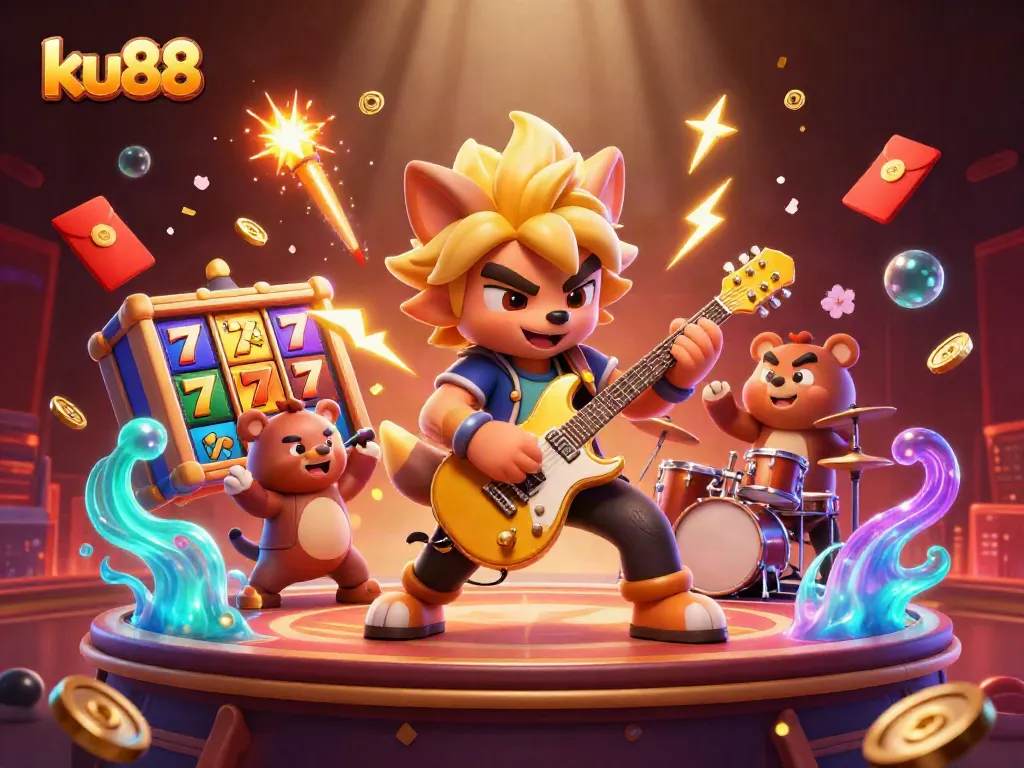 ku88 showcases an engaging 3D illustration featuring vibrant casino action with characters, slot elements, and fireworks.