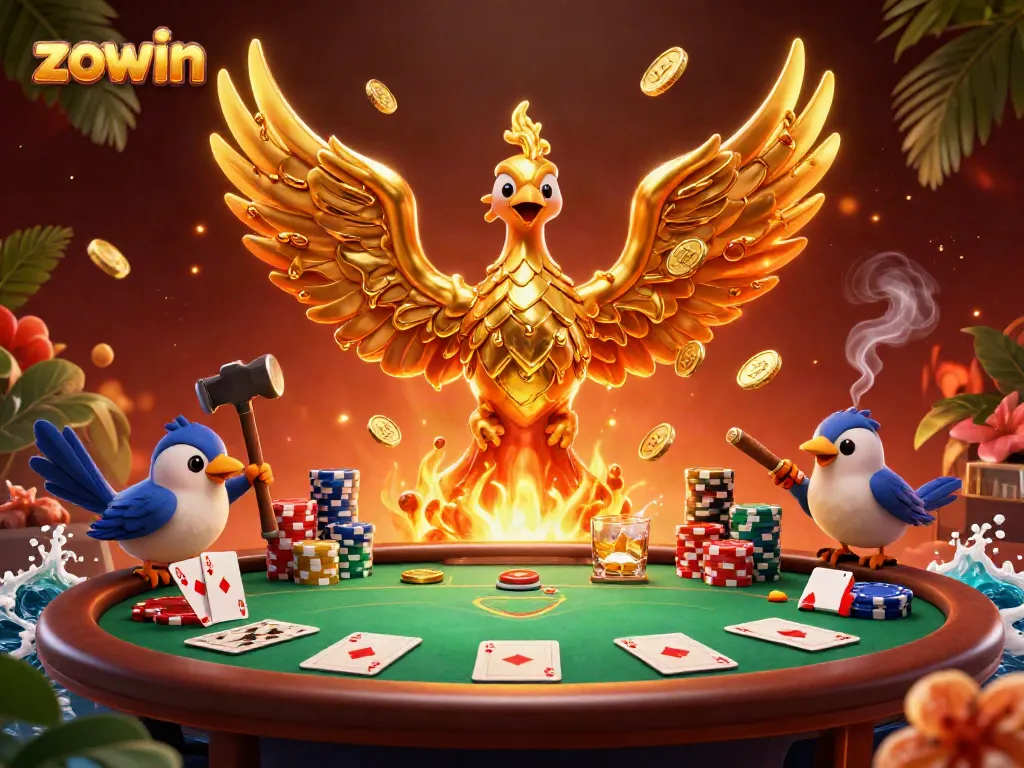 Experience the dynamic world of zowin, where a golden phoenix shines amidst poker action and rich casino elements.