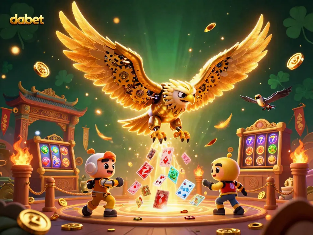 dabet offers vibrant casino excitement with a golden eagle amid holographic cards and dynamic game elements.