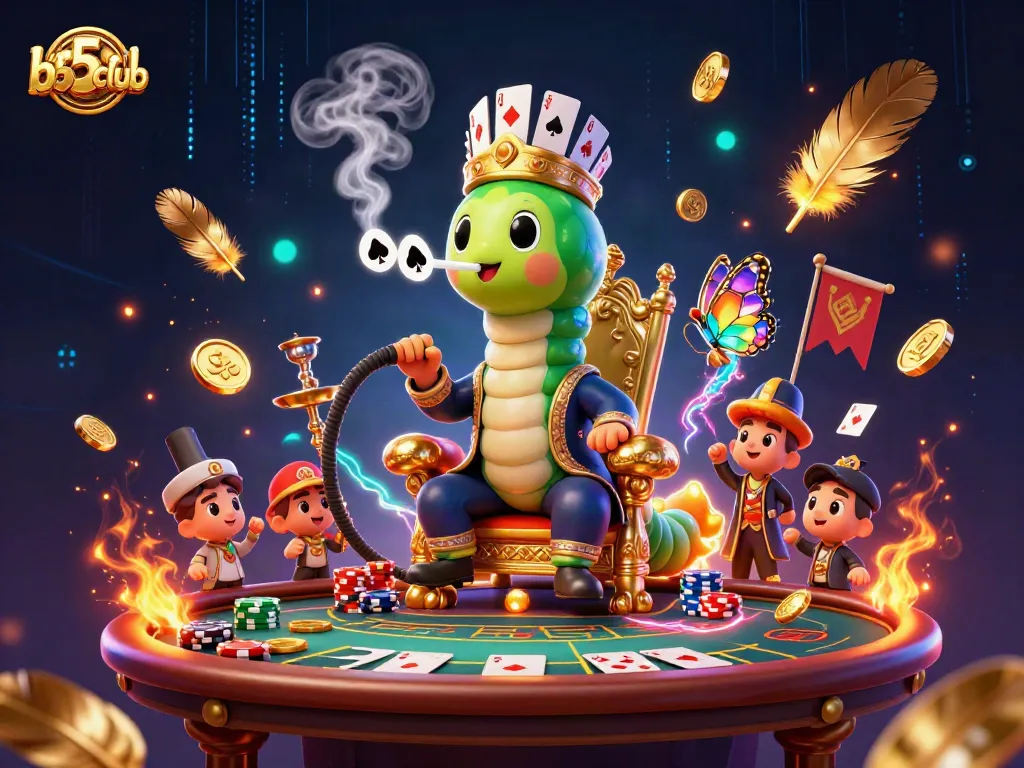 Experience thrilling poker action at b52club with a vibrant 3D scene featuring a unique caterpillar hookah-master.