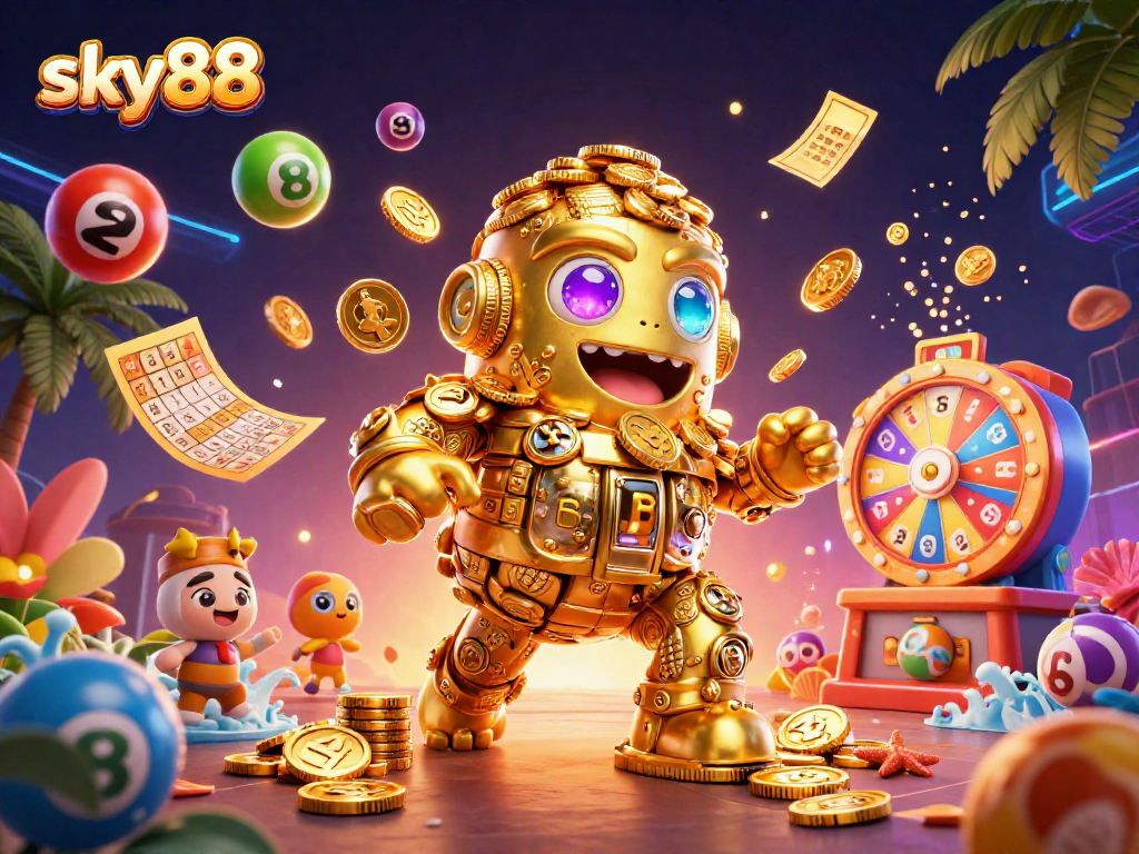 Sky88 showcases a vibrant 3D illustration of a golden golem, lottery balls, and gaming elements for an engaging casino experience.