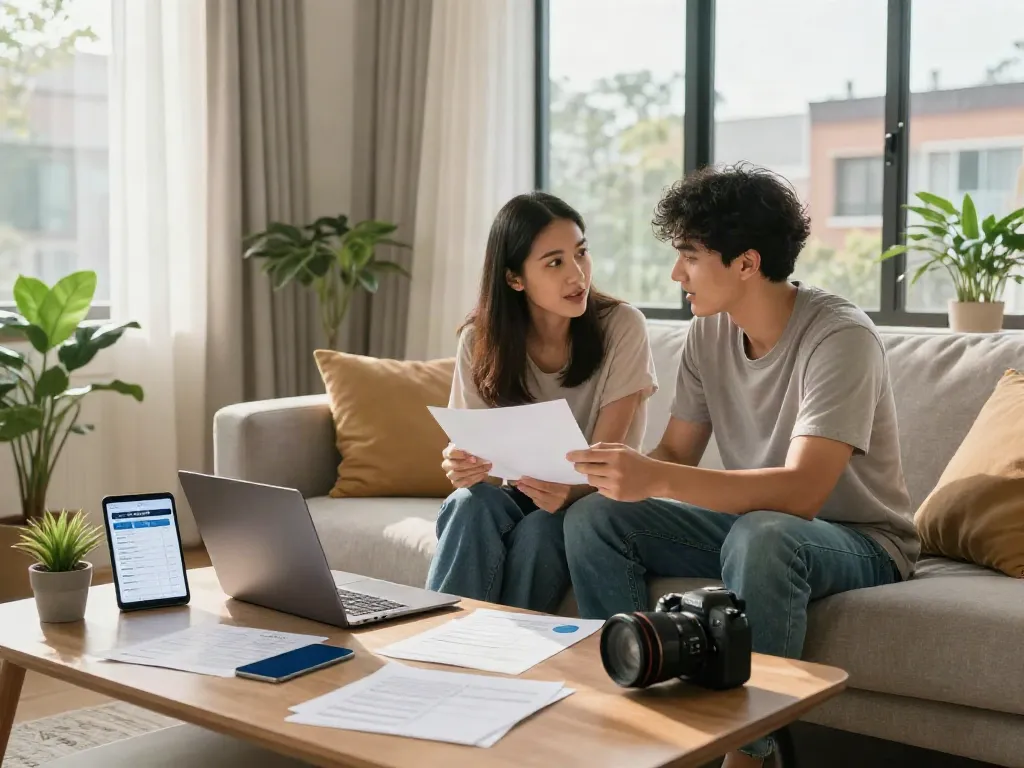 Discussion about Edmonton loans in a cozy living room setting with financial documents.