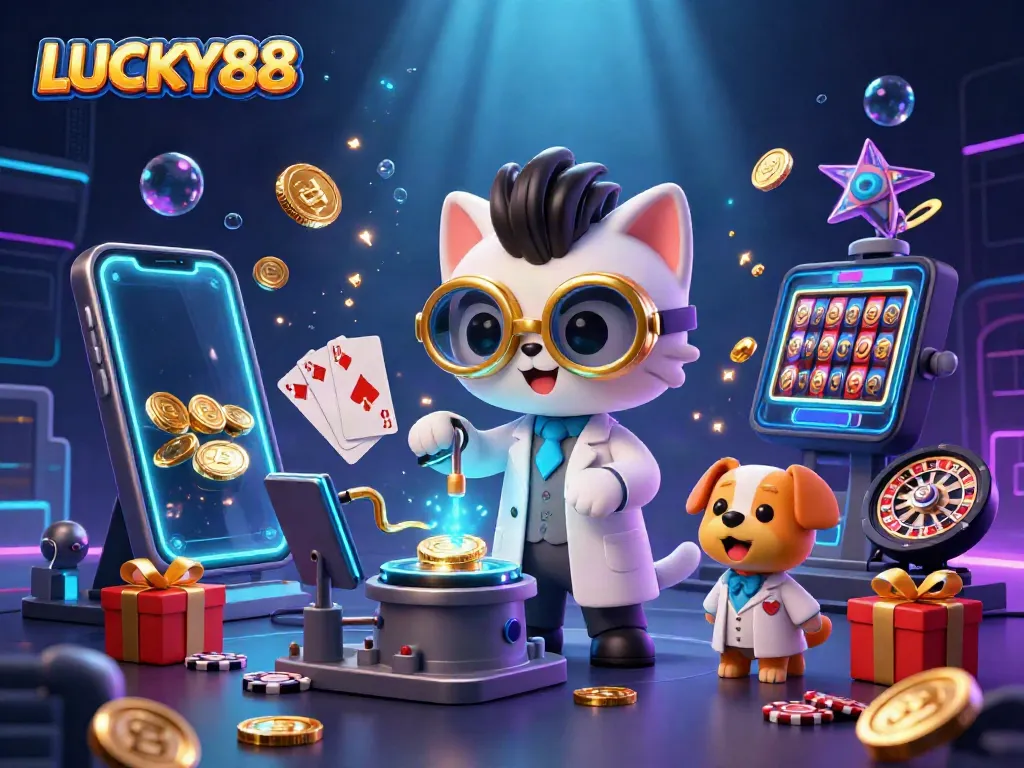 Experience lively gambling action with LUCKY88 in a vibrant 3D casino scene filled with exciting game elements.
