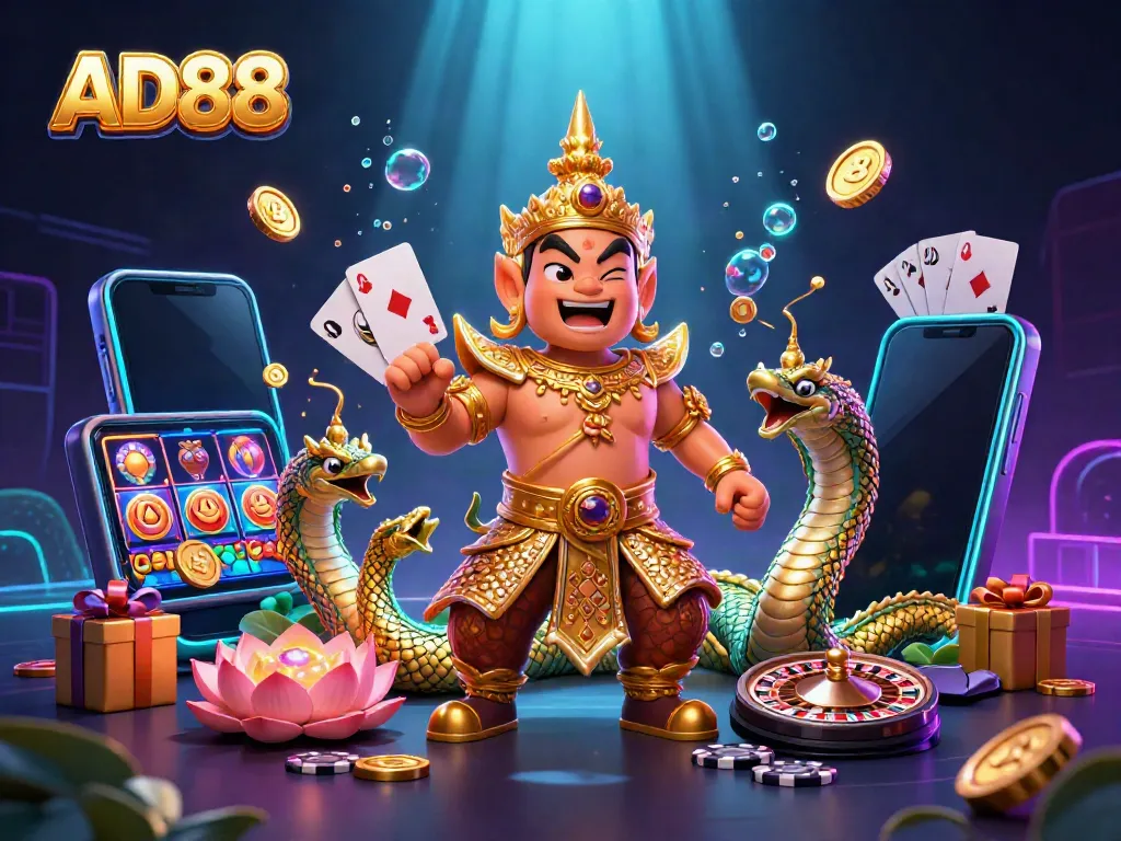 Experience thrilling gaming at AD88 with enchanting visuals of a Thai guardian, serpent companions, and vibrant game elements.