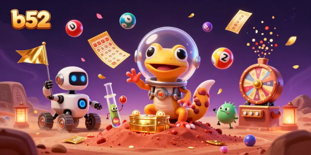 Experience the thrill of b52 in a vibrant casino scene with a Martian gecko and lottery elements.