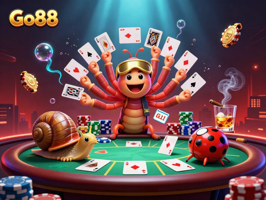 Go88's entertaining scene with a colorful millipede dealer and charismatic characters at a poker table.