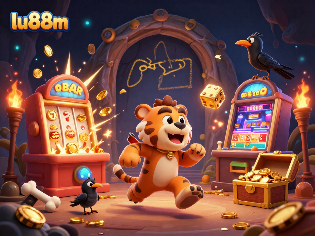Experience the excitement of lu88m with a 3D cartoon scene showcasing a prehistoric casino bursting with jackpots and vibrant gaming action.