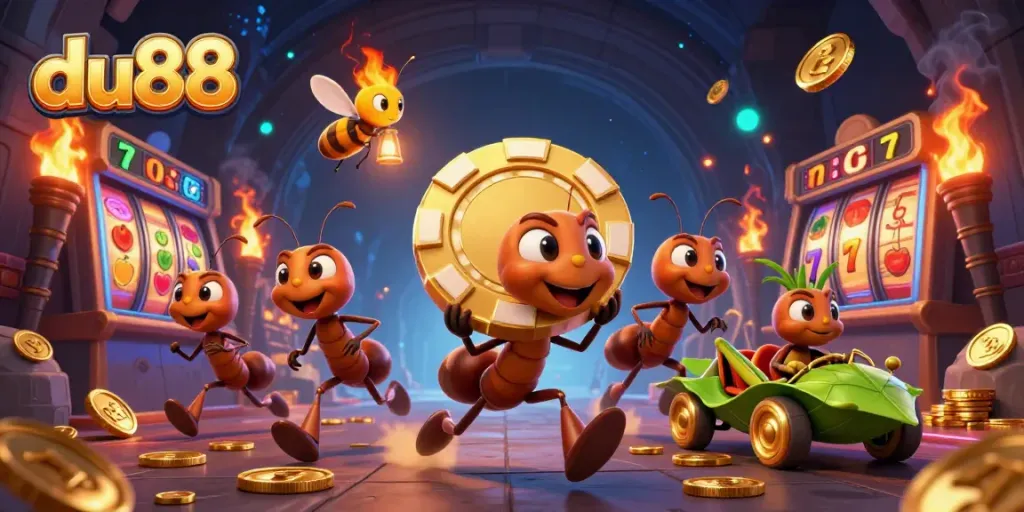 Experience du88's thrilling adventure as cartoon ants navigate a vivid casino heist amidst vibrant slot elements.