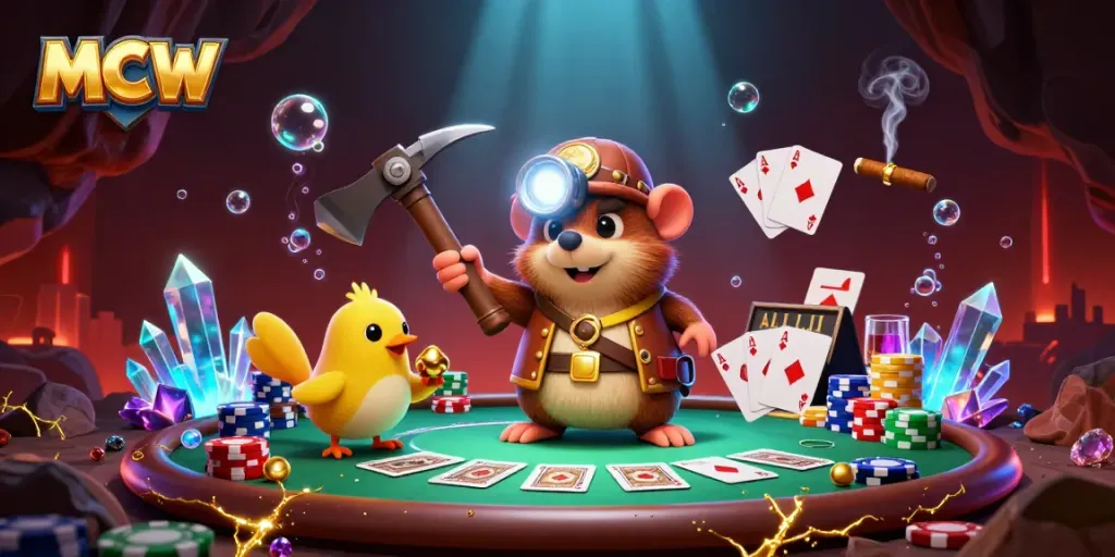 MCW showcases thrilling gameplay with a treasure hunter mole and poker chips in a vibrant casino scene.