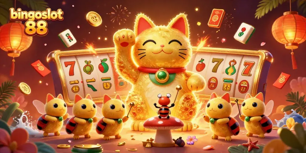 Bingoslot 88 menjanjikan keseruan dengan ilustrasi kucing keberuntungan dan elemen kasino menarik.