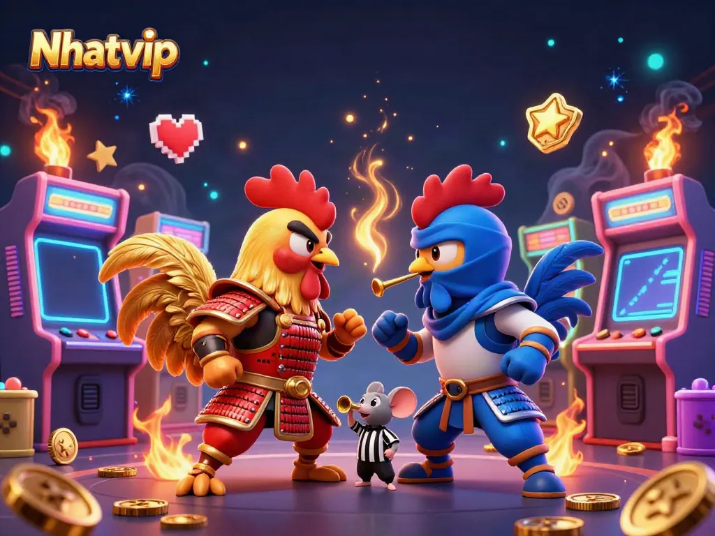 Engage in thrilling card action at Nhatvip with cartoon roosters facing off in an exciting casino atmosphere.