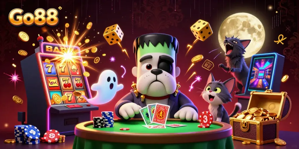 Experience Go88's excitement with a vibrant 3D casino scene featuring a playful monster dealing cards.