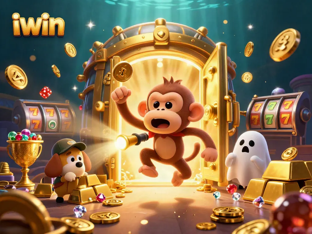 Engage with iwin at a vibrant casino scene featuring a playful ghost-hunter puppy tracking hidden treasures.