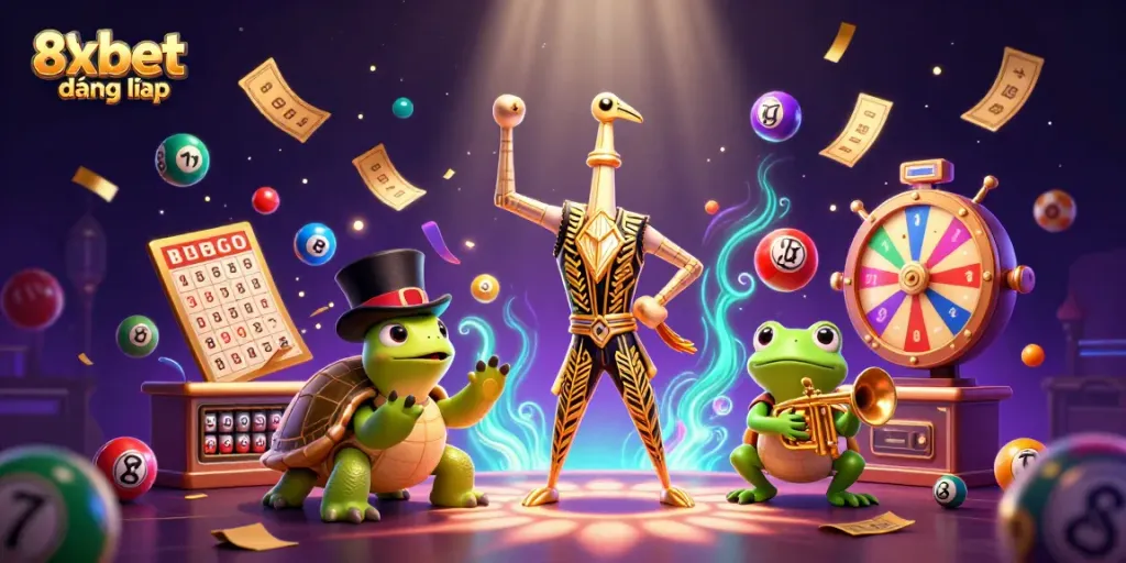 Experience 8xbet đăng nhập in a vibrant casino environment with dynamic lottery elements and engaging characters.