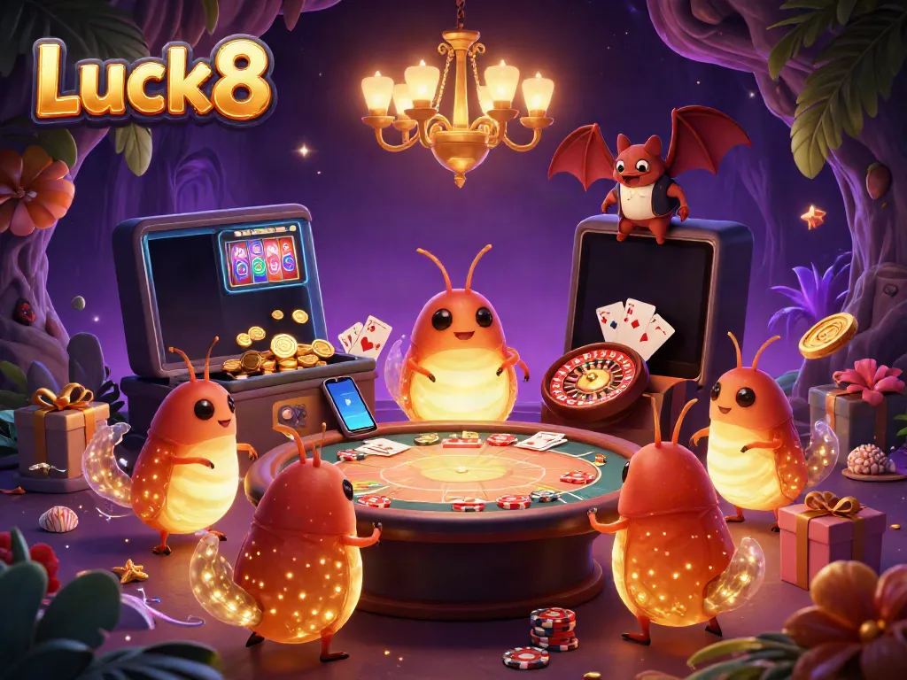 Experience exciting wins at Luck8 with a unique casino scene featuring glowworms, a bat dealer, and vibrant games.