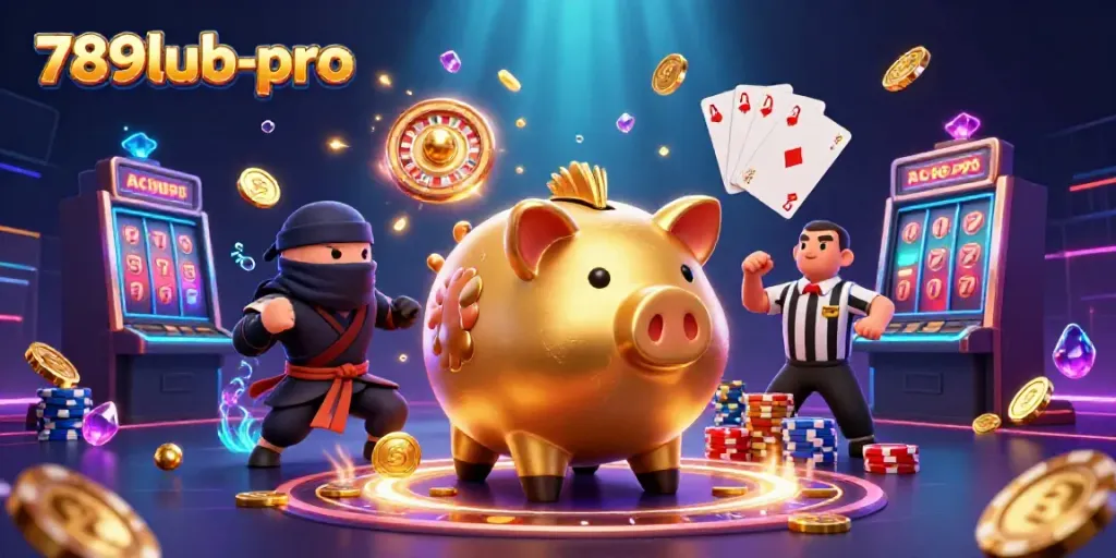 Engage in winning spins with 789lub-pro’s dynamic casino scene featuring a golden piggy bank and vibrant gaming elements.