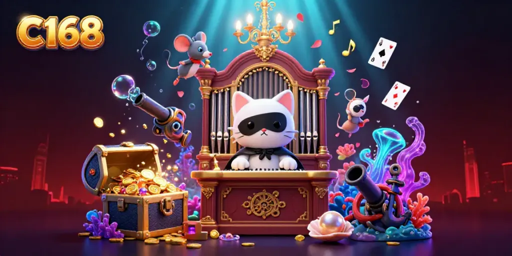 Engage with C168's vibrant casino scene featuring a phantom cat and mouse acrobat.