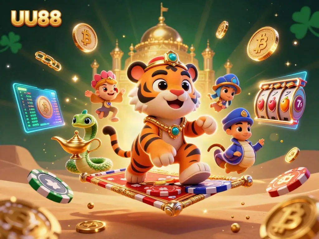 Experience the thrill at UU88 with an engaging casino illustration showcasing a tiger sultan and dynamic game elements.