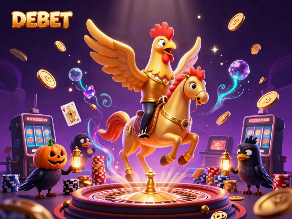 Experience a thrilling DEBET casino adventure with golden rooster and crow companions amidst cascading coins and festive lights.