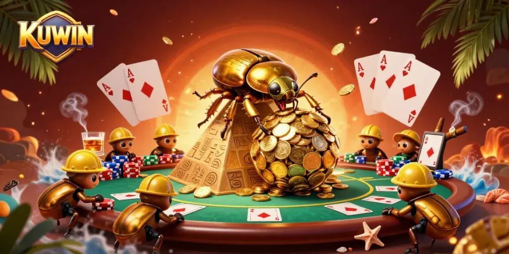 KUWIN features a golden dung beetle rolling coins amidst vibrant casino elements in a dynamic illustration.