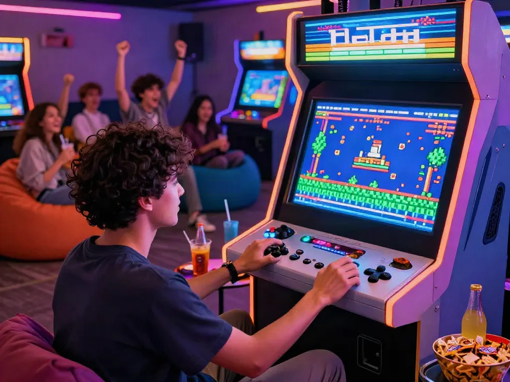 Engaging gaming scene featuring nostalgic retro games on PECAH404 console.