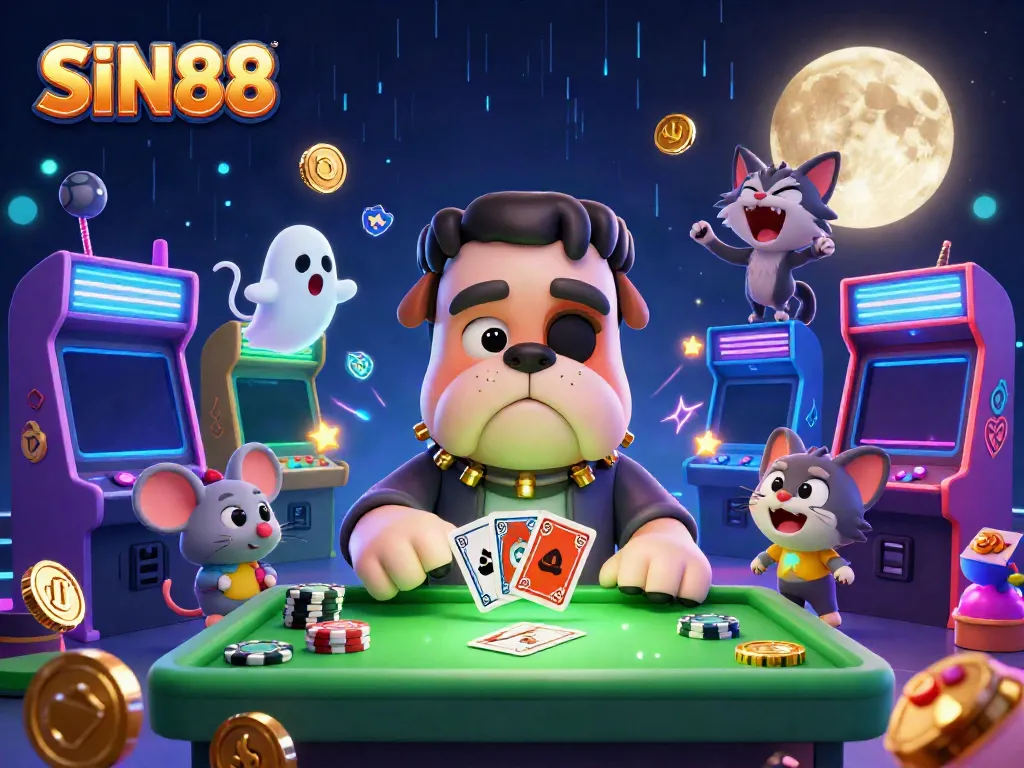 Experience the thrill of gaming at SIN88, where a Frankenstein bulldog and friends entertain at a vibrant casino.