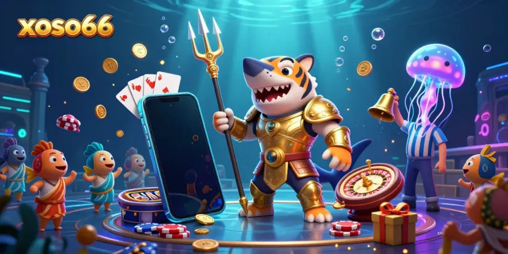 Play exciting slot games with xoso66 featuring a golden armored shark in an underwater arena.