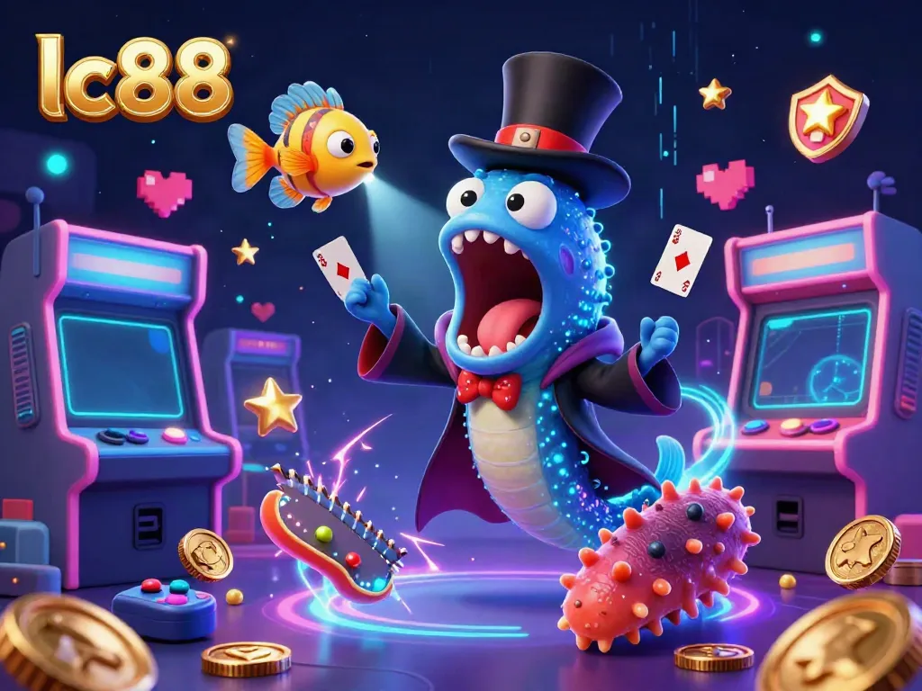 Engage with lc88's thrilling magic scene, featuring fun characters amidst arcade-style games and casino elements.
