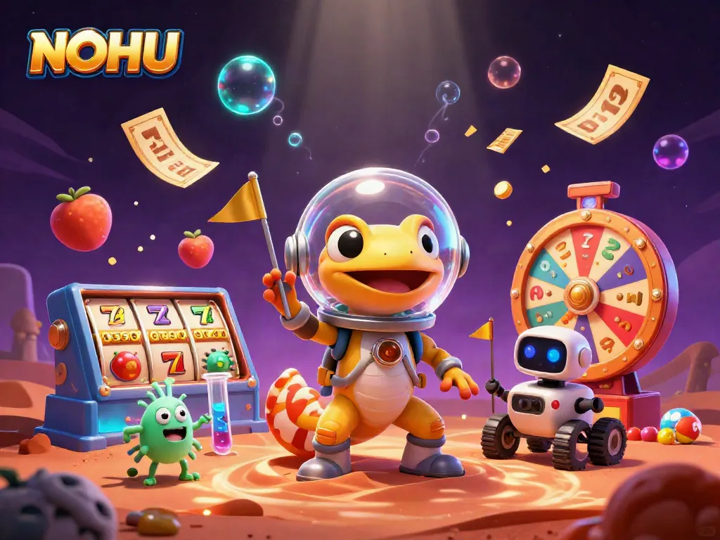 NOHU gaming-focused illustration featuring a Martian gecko exploring a golden casino with vibrant jackpot themes.