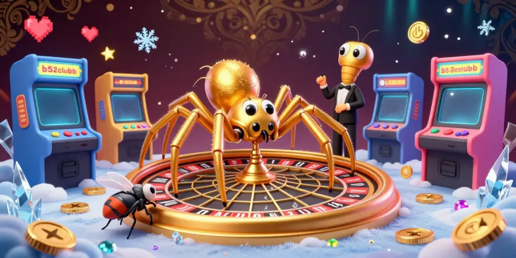 Engage with b52clubb's vibrant 3D casino action featuring a golden spider and lively game elements.