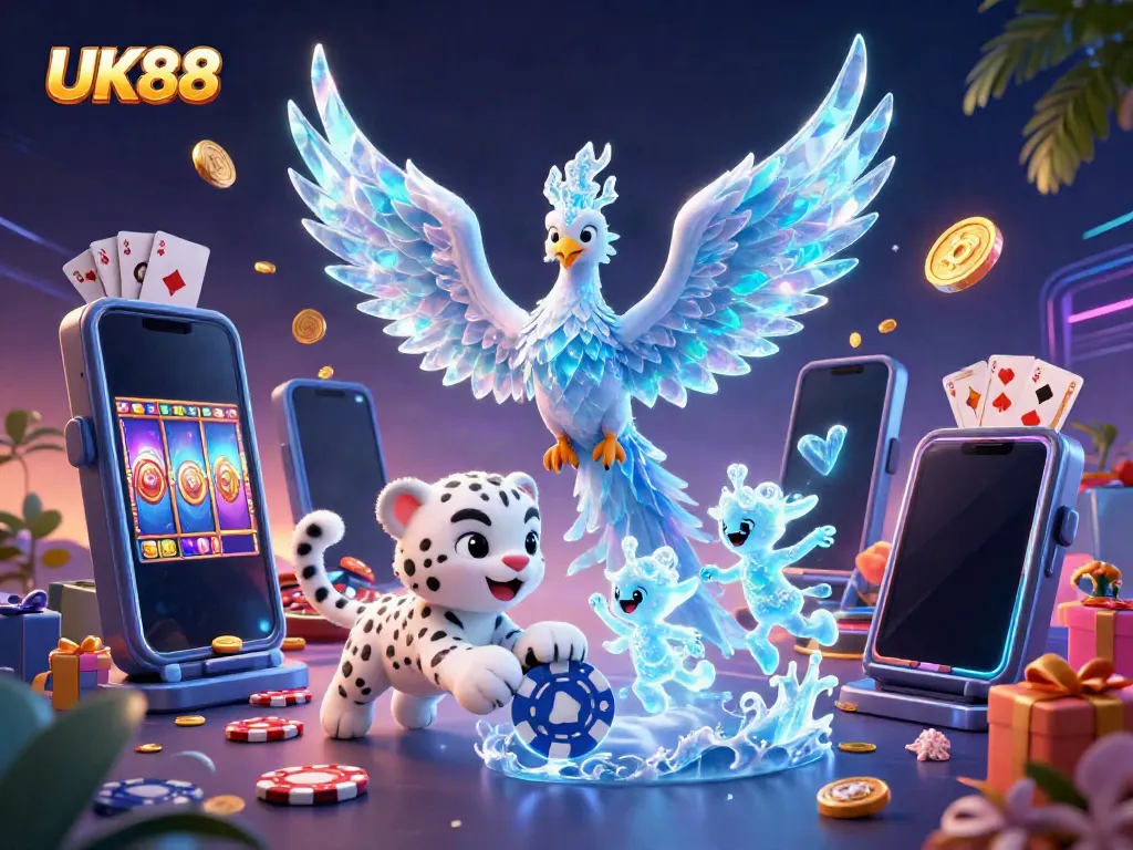Engage in UK88 online gaming with a vibrant 3D scene featuring a mystical ice phoenix and casino elements.
