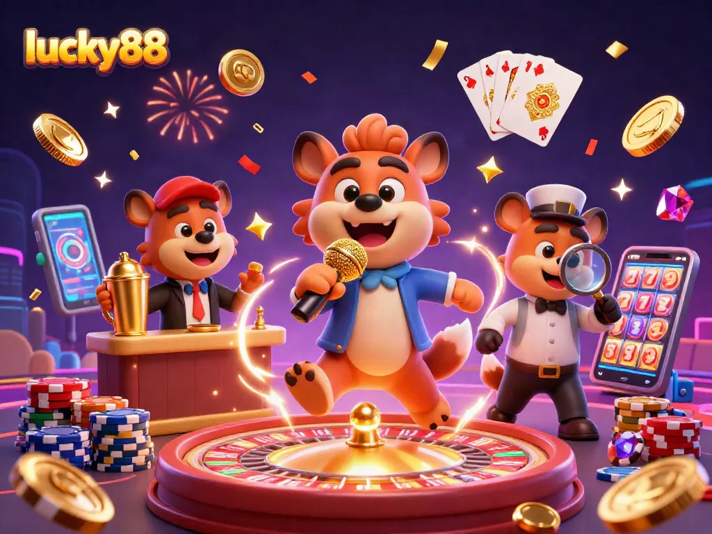 Experience the excitement at lucky88 with vibrant casino characters amidst cascading coins and roulette wheels.