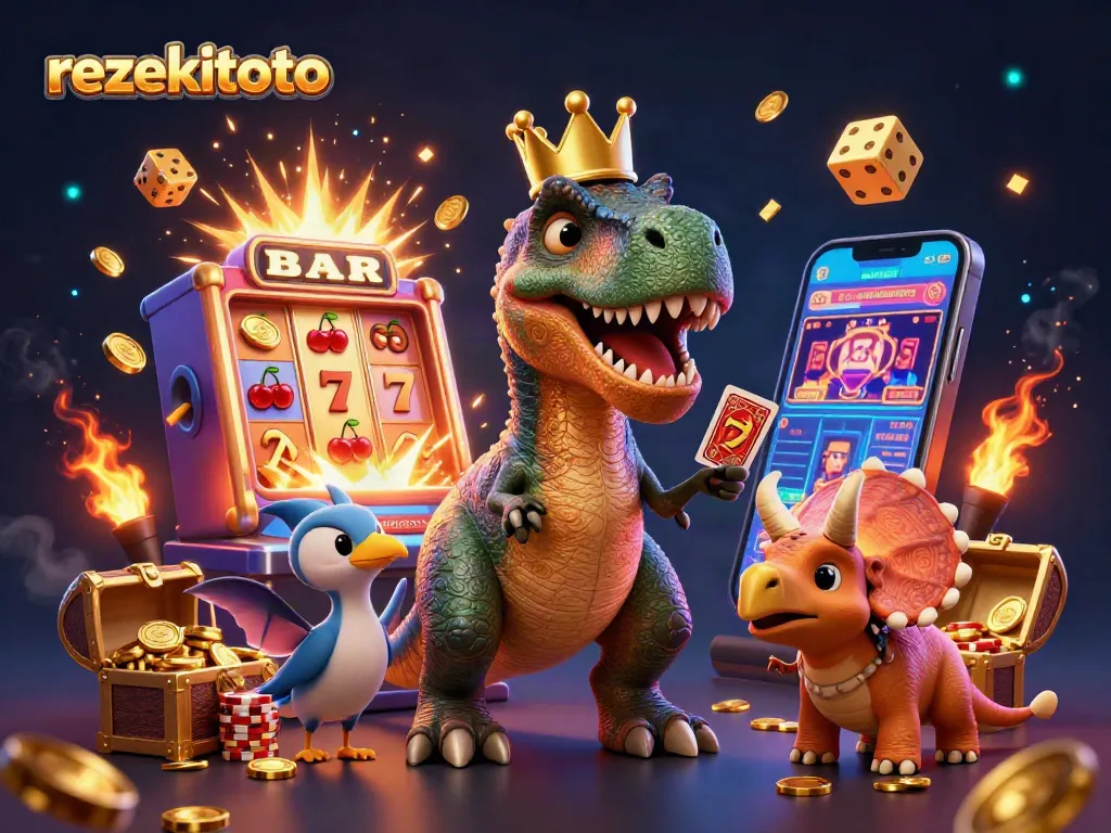 Experience thrilling action at rezekitoto with a lively 3D casino scene featuring cartoon dinosaurs and vibrant gaming elements.