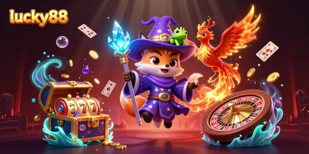 Experience the excitement of lucky88 casino with vibrant slots, a wizard fox, and treasure galore.
