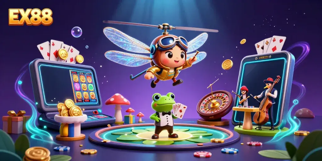 Experience the excitement of EX88 with a vibrant 3D casino scene featuring a dragonfly pilot and frog dealer.