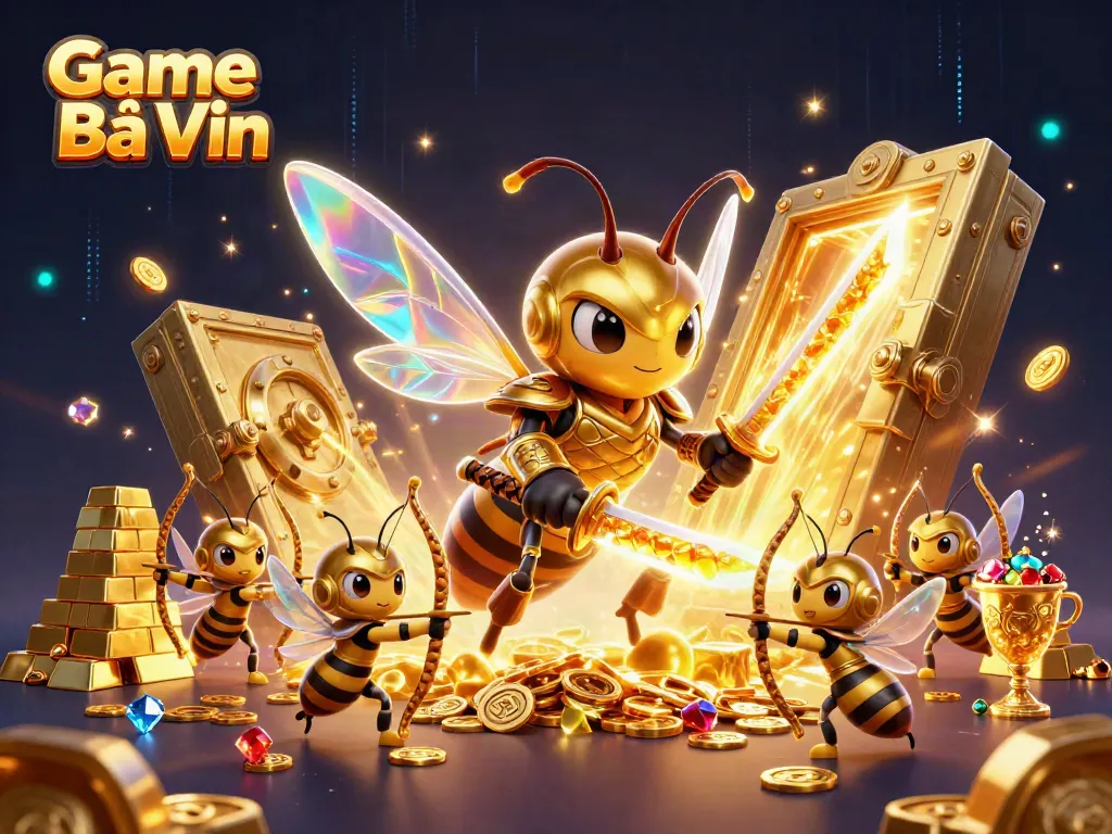 Engage with Game Bài Vin's vibrant 3D illustration showcasing a golden hornet and treasure