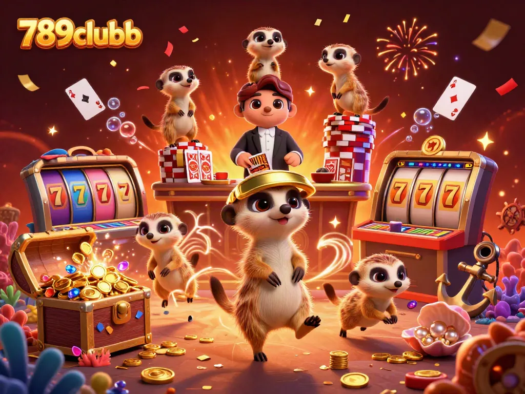 Engage with 789clubb’s vibrant casino scene featuring meerkats amidst riches and games.