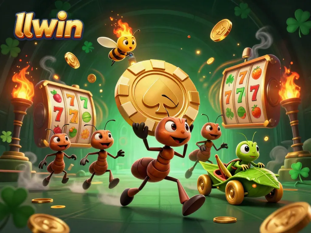 llwin ant characters pulling off a casino heist with slot machines and golden elements