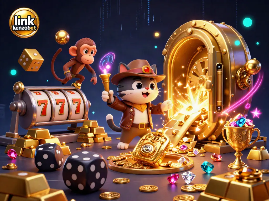 Uncover the excitement of winning with link kenzobet as a cartoon archaeologist cat explores a casino artifact.